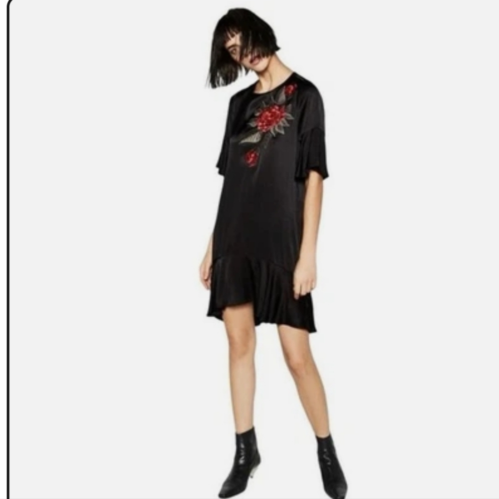 Zara Black Dress with Red Rose Embroidery